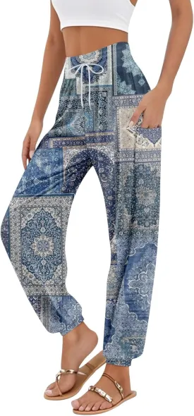 Women's Capri Pants Drawstring Lounge Summer Pants Wide Leg Plaid Trousers High Waisted with Pocket Baggy Outfit