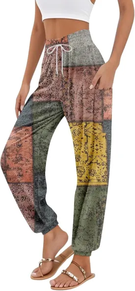 Women's Capri Pants Drawstring Lounge Summer Pants Wide Leg Plaid Trousers High Waisted with Pocket Baggy Outfit