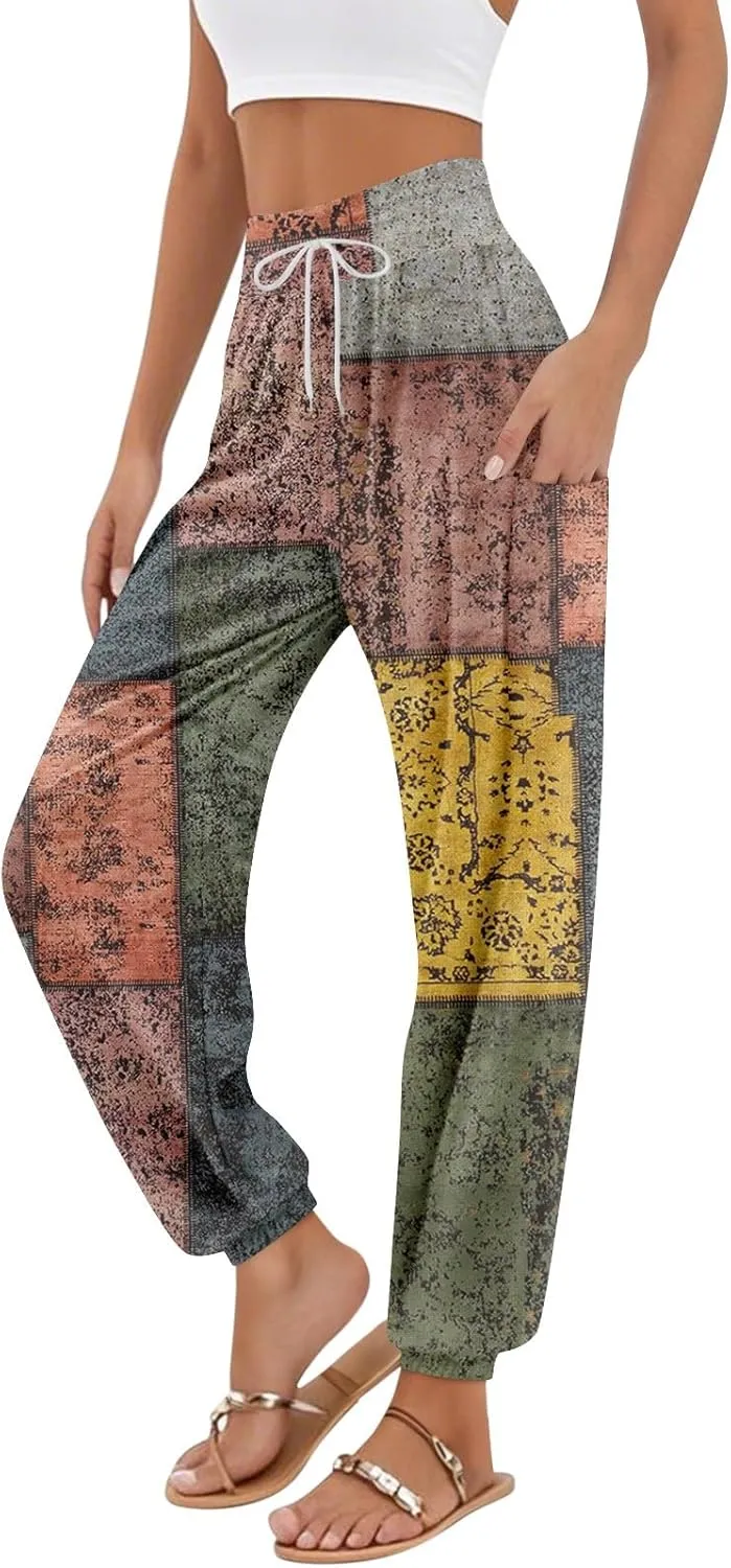 Women's Capri Pants Drawstring Lounge Summer Pants Wide Leg Plaid Trousers High Waisted with Pocket Baggy Outfit
