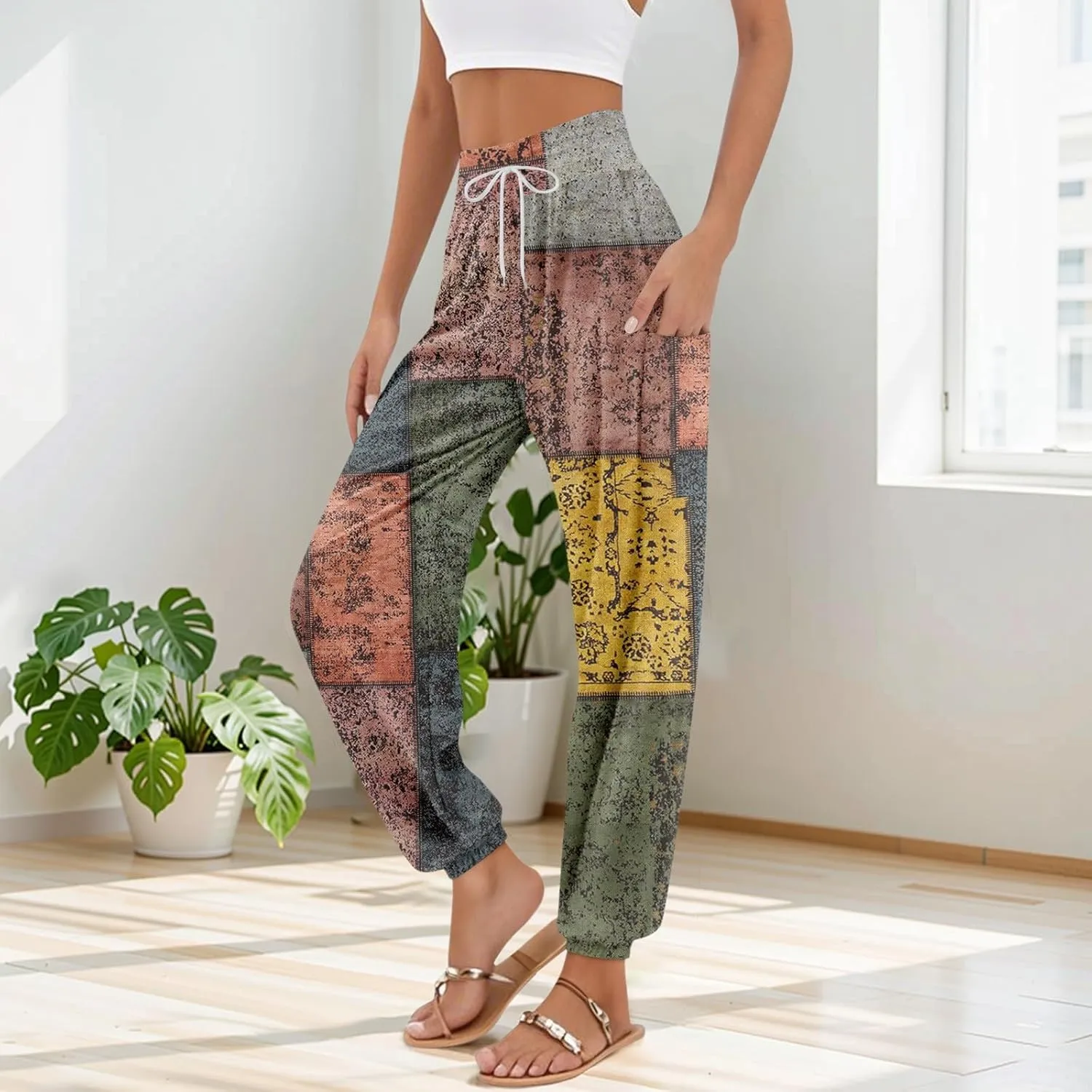 Women's Capri Pants Drawstring Lounge Summer Pants Wide Leg Plaid Trousers High Waisted with Pocket Baggy Outfit