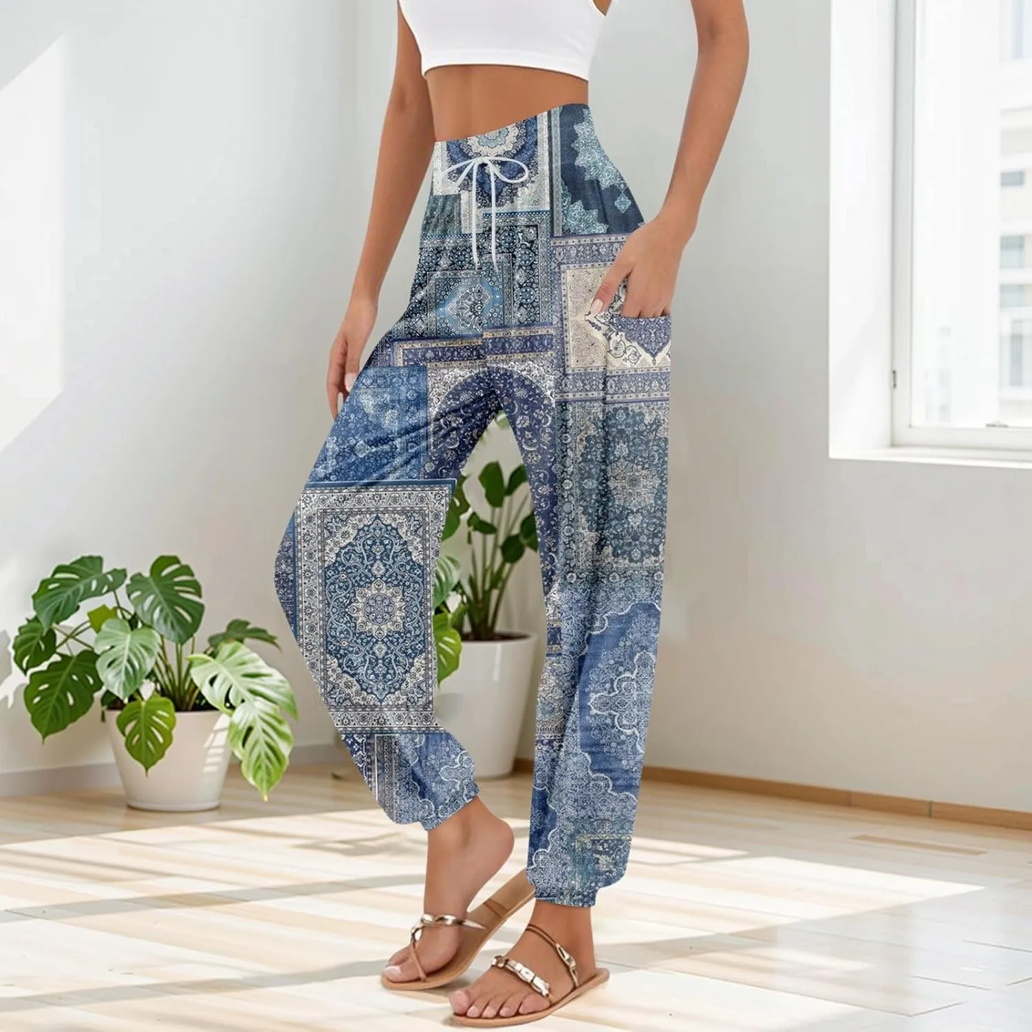 Women's Capri Pants Drawstring Lounge Summer Pants Wide Leg Plaid Trousers High Waisted with Pocket Baggy Outfit