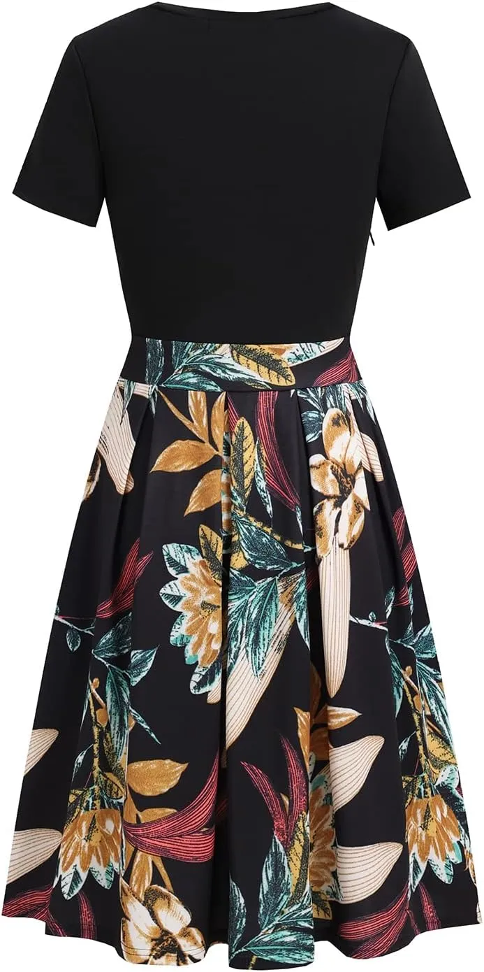 Women's Elegant Vintage Summer Casual Dresses 2025 Floral Print Work Party A-Line Dress with Pockets 262