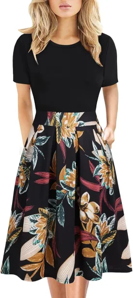 Women's Elegant Vintage Summer Casual Dresses 2025 Floral Print Work Party A-Line Dress with Pockets 262