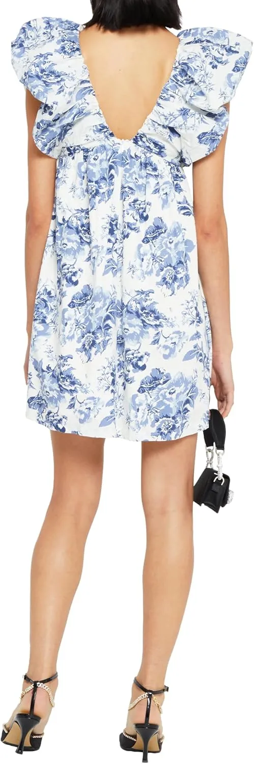 Womens Flower Bow Dress Deep V Neck Elegant Mini Dress Puffy Sleeve Boho Floral Bow Dress Flowy Dress