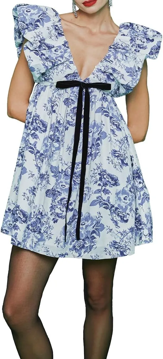 Womens Flower Bow Dress Deep V Neck Elegant Mini Dress Puffy Sleeve Boho Floral Bow Dress Flowy Dress