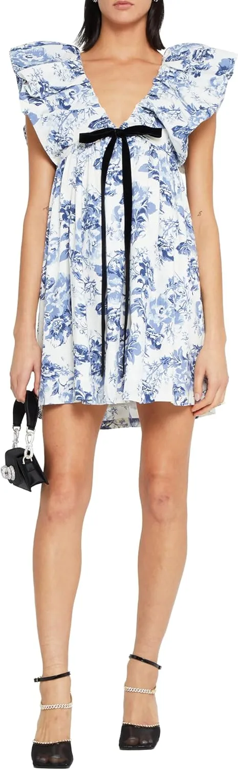Womens Flower Bow Dress Deep V Neck Elegant Mini Dress Puffy Sleeve Boho Floral Bow Dress Flowy Dress