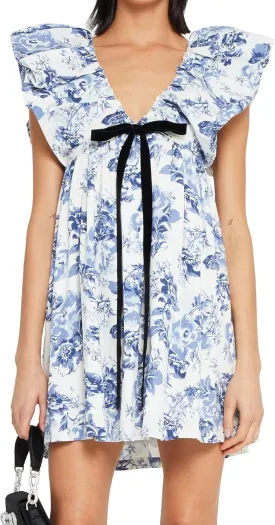Womens Flower Bow Dress Deep V Neck Elegant Mini Dress Puffy Sleeve Boho Floral Bow Dress Flowy Dress