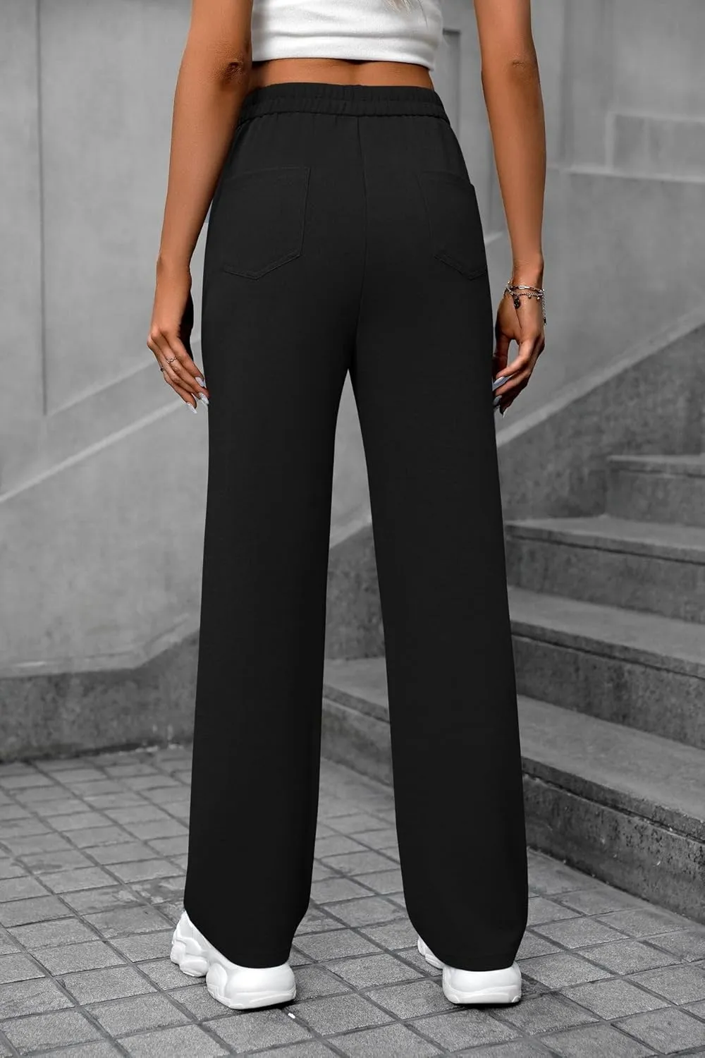 Women's High Waisted Straight Leg Trousers Casual Loose Fit Stretchy Pants with Button for Business Work Office Wear