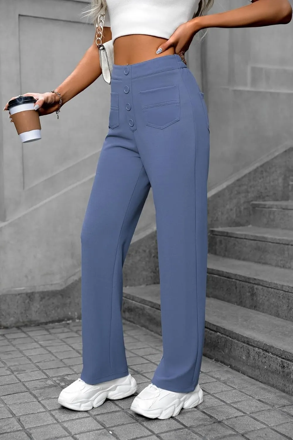Women's High Waisted Straight Leg Trousers Casual Loose Fit Stretchy Pants with Button for Business Work Office Wear
