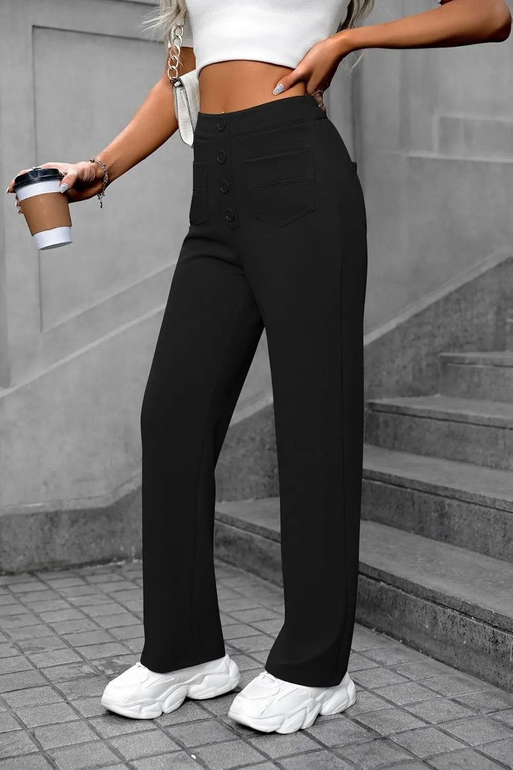 Women's High Waisted Straight Leg Trousers Casual Loose Fit Stretchy Pants with Button for Business Work Office Wear