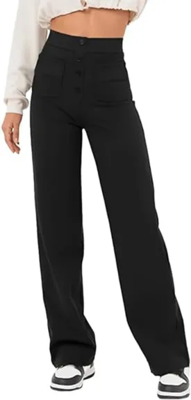 Women's High Waisted Straight Leg Trousers Casual Loose Fit Stretchy Pants with Button for Business Work Office Wear