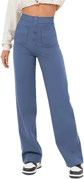 Women's High Waisted Straight Leg Trousers Casual Loose Fit Stretchy Pants with Button for Business Work Office Wear