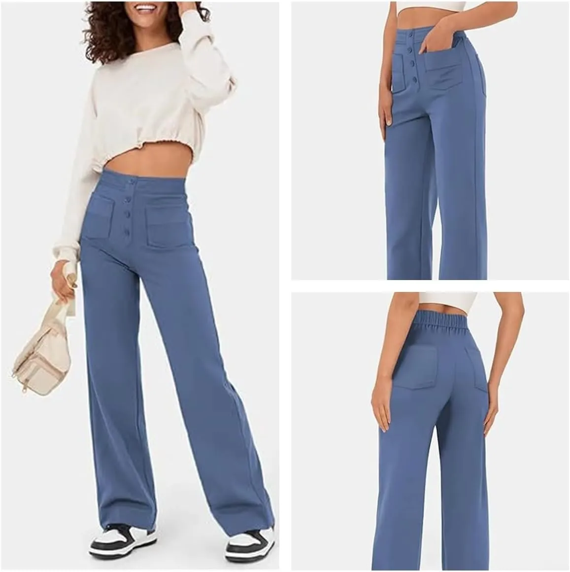 Women's High Waisted Straight Leg Trousers Casual Loose Fit Stretchy Pants with Button for Business Work Office Wear