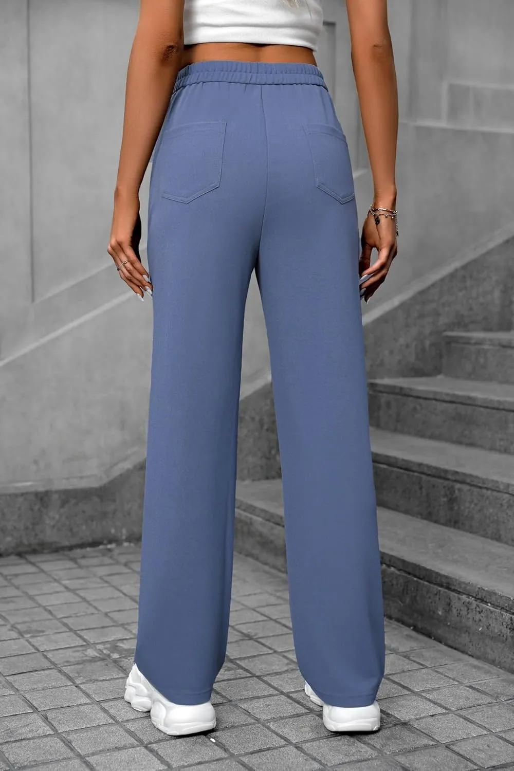 Women's High Waisted Straight Leg Trousers Casual Loose Fit Stretchy Pants with Button for Business Work Office Wear