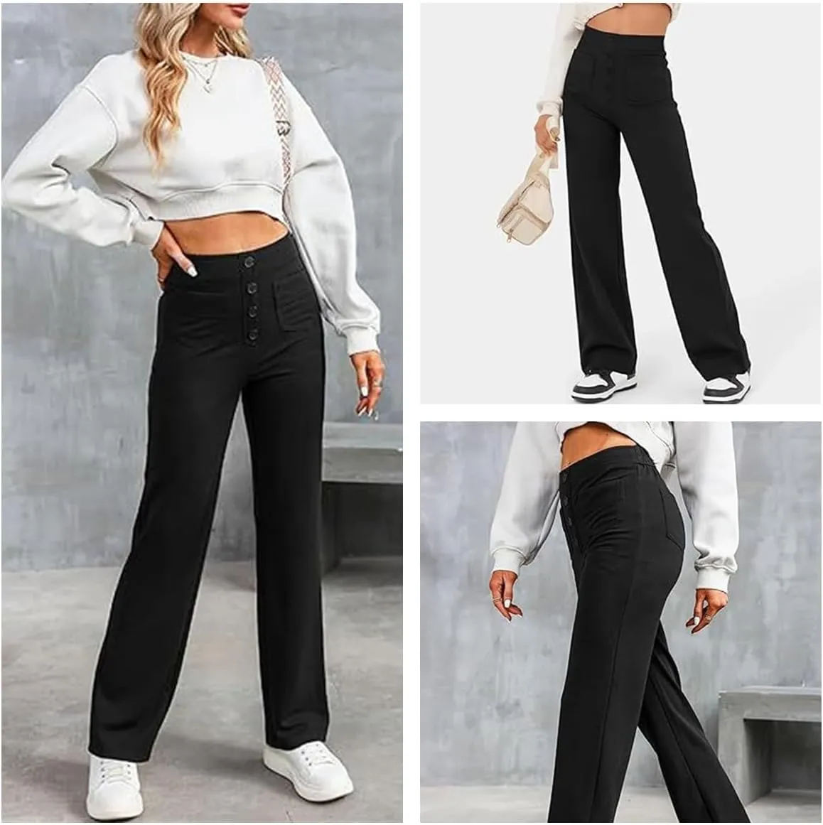 Women's High Waisted Straight Leg Trousers Casual Loose Fit Stretchy Pants with Button for Business Work Office Wear