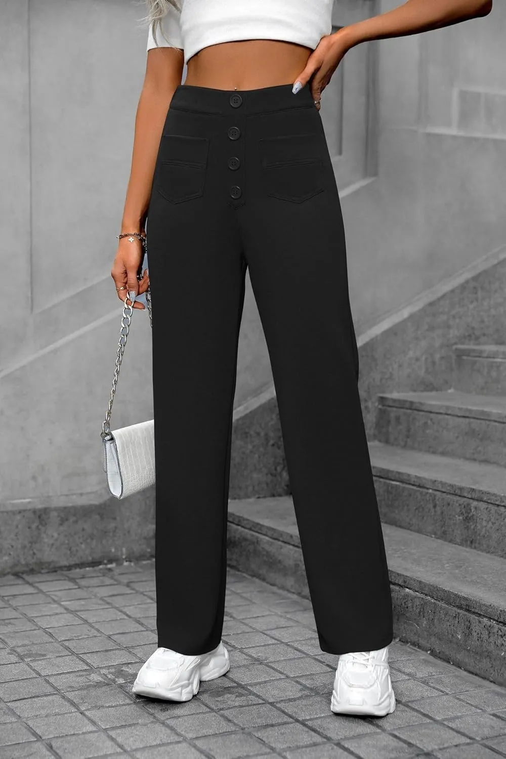 Women's High Waisted Straight Leg Trousers Casual Loose Fit Stretchy Pants with Button for Business Work Office Wear