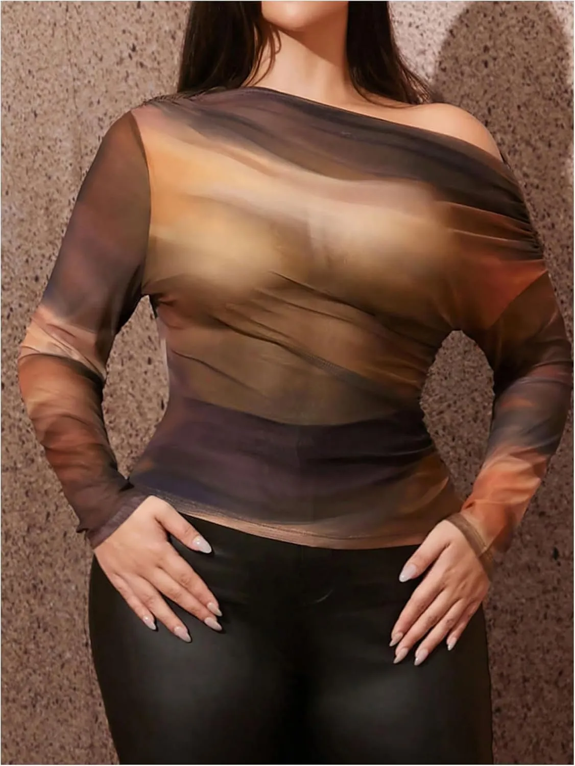 Women's Plus Size Tie Dye Asymmetrical Neck T Shirts Ruched Long Sleeve Slim Fit Tees
