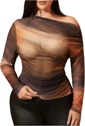 Women's Plus Size Tie Dye Asymmetrical Neck T Shirts Ruched Long Sleeve Slim Fit Tees