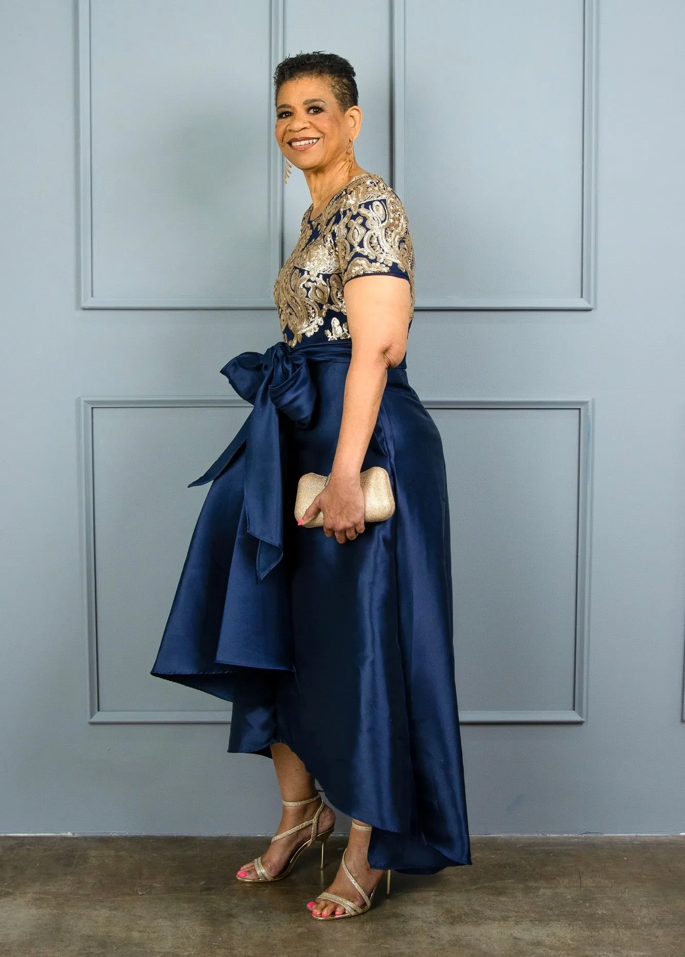 Women's  Short Sleeve Sequin-Embellished  Navy Gold High-Low Gown