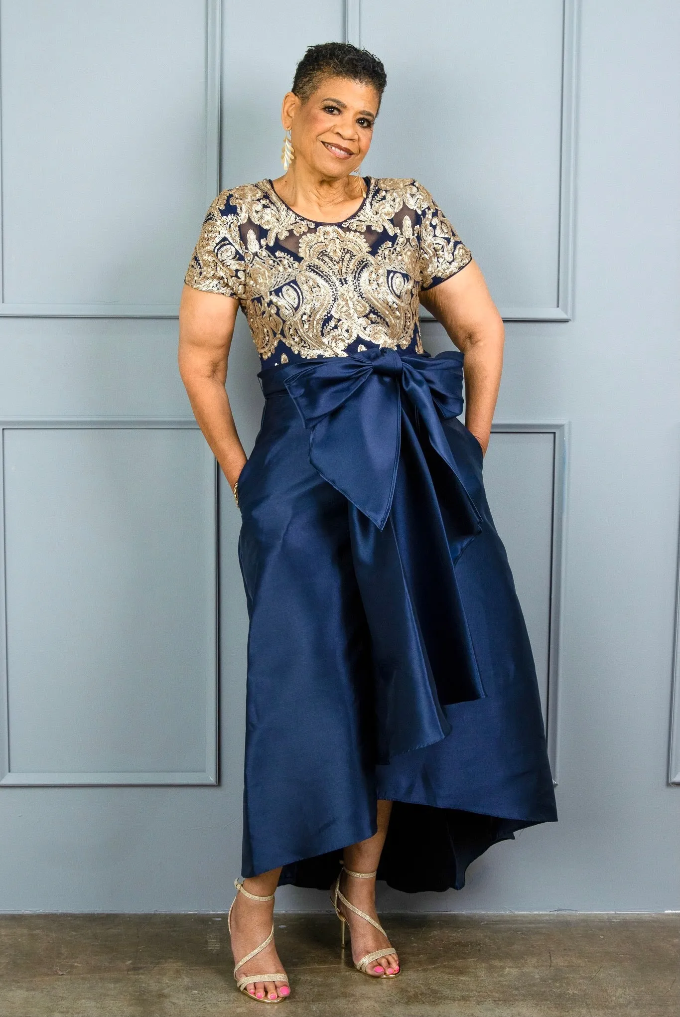Women's  Short Sleeve Sequin-Embellished  Navy Gold High-Low Gown