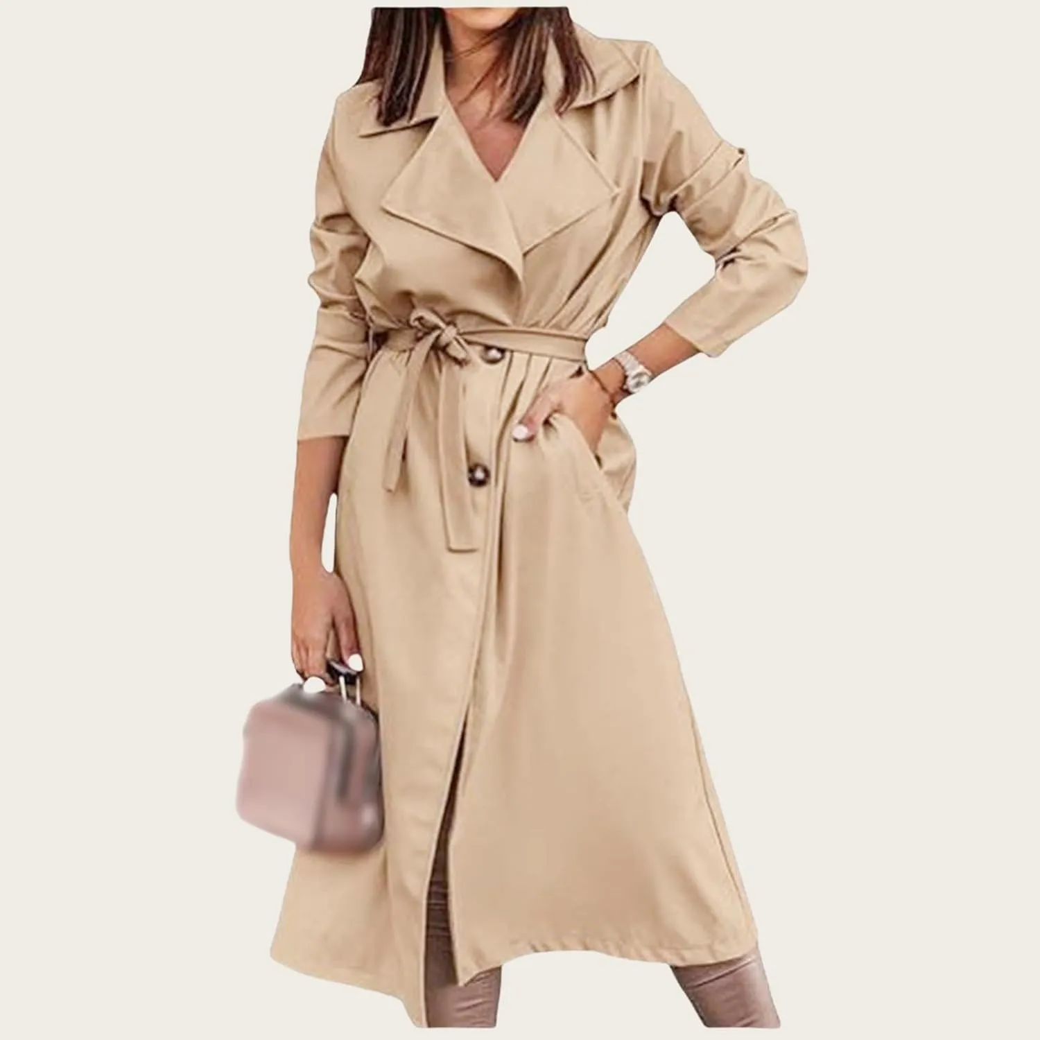 Women's Single Breasted Long Trench Coat Belted Notch Lapel Overcoat Windproof Classic Outerwear Casual Trendy Coat