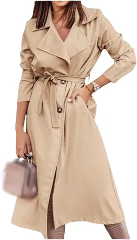 Women's Single Breasted Long Trench Coat Belted Notch Lapel Overcoat Windproof Classic Outerwear Casual Trendy Coat