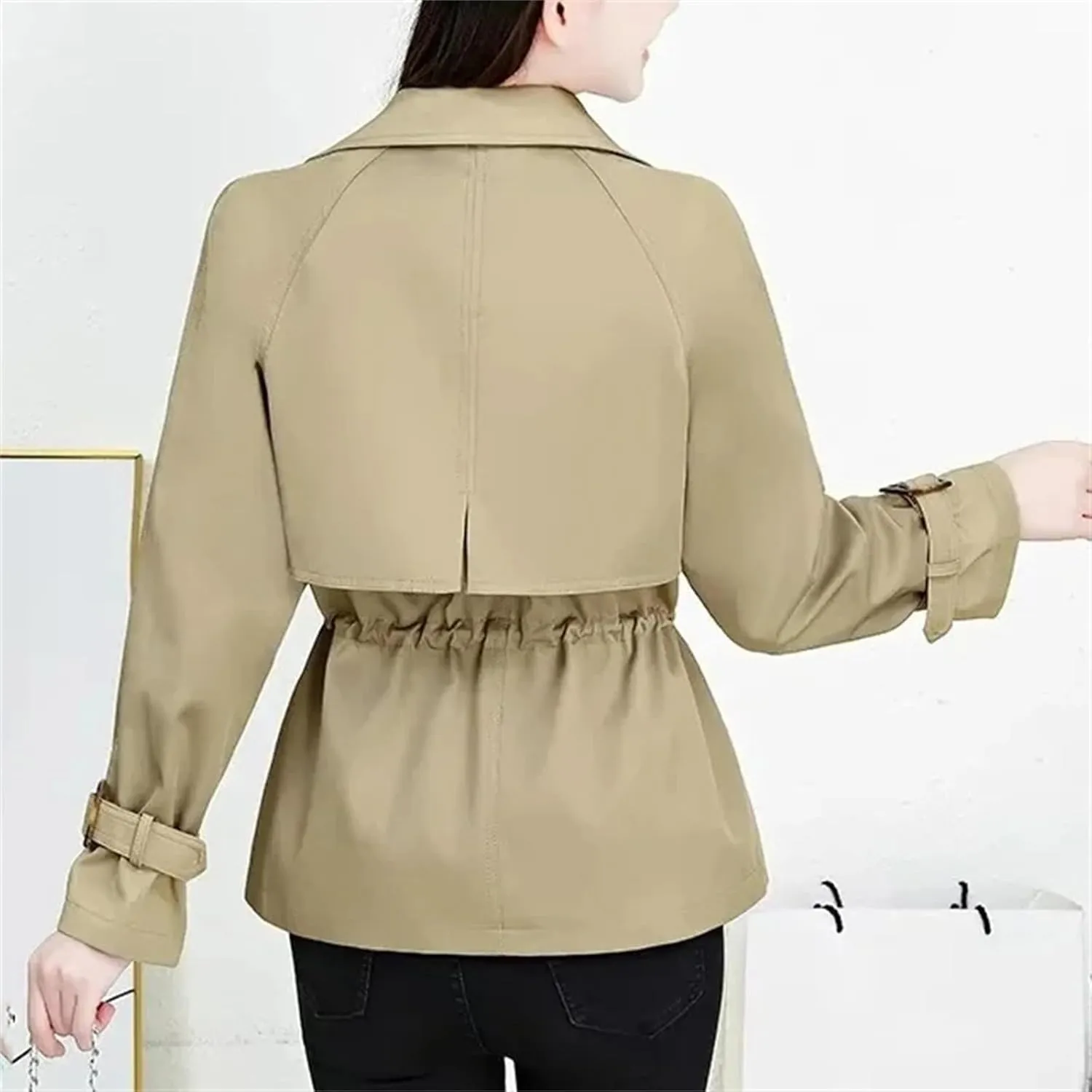 Women's Spring Short Double-Breasted Trench Coat  Casual Cropped Jacket With Pockets Stylish Outerwear