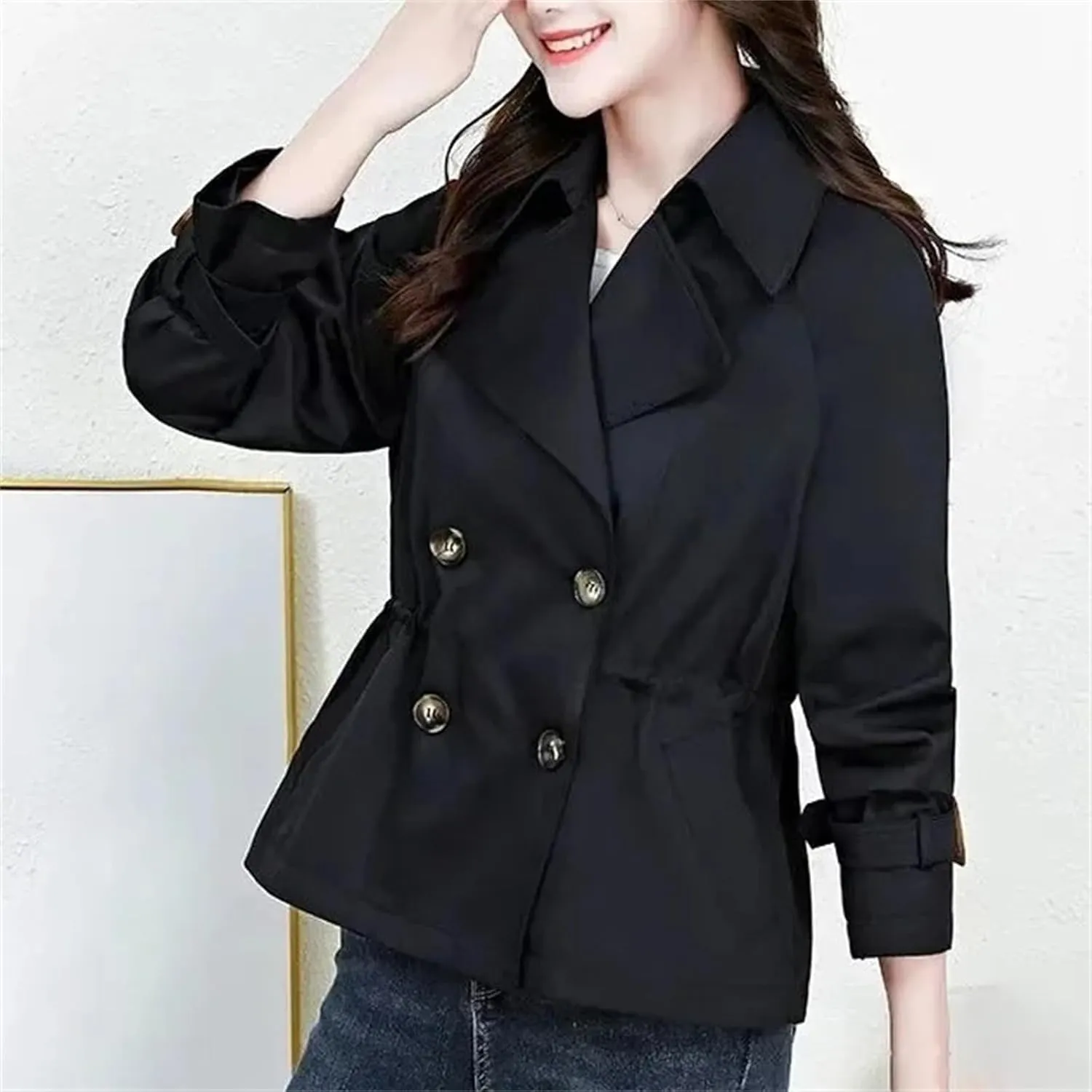 Women's Spring Short Double-Breasted Trench Coat  Casual Cropped Jacket With Pockets Stylish Outerwear