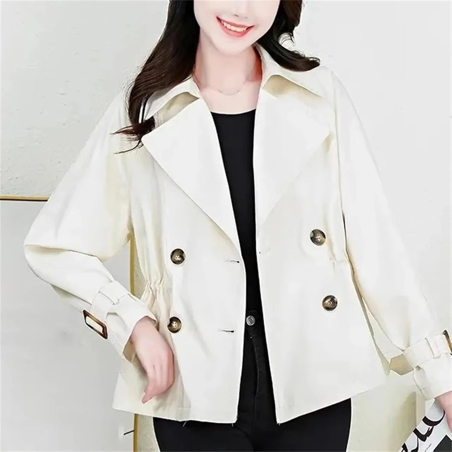 Women's Spring Short Double-Breasted Trench Coat  Casual Cropped Jacket With Pockets Stylish Outerwear