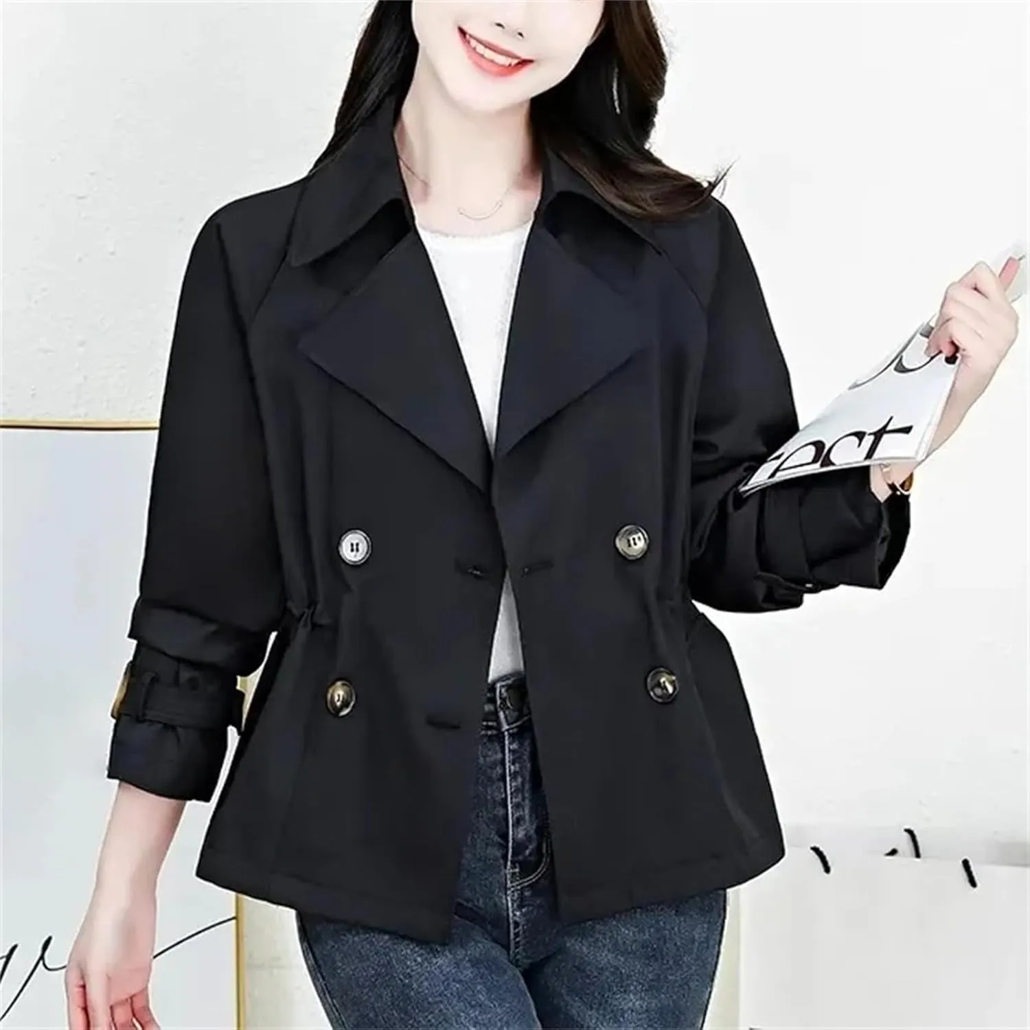 Women's Spring Short Double-Breasted Trench Coat  Casual Cropped Jacket With Pockets Stylish Outerwear